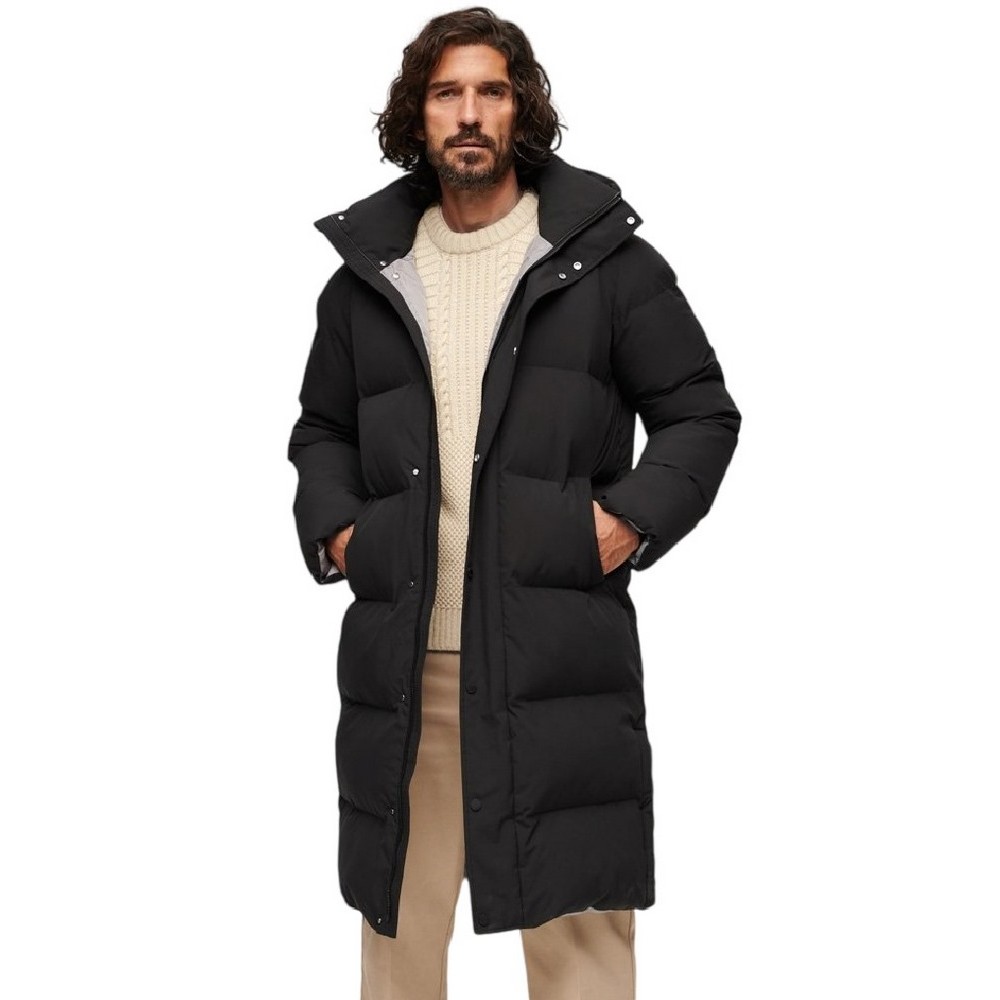SUPERDRY D1 STUD LONGLINE HOODED PUFFER COAT BLACK